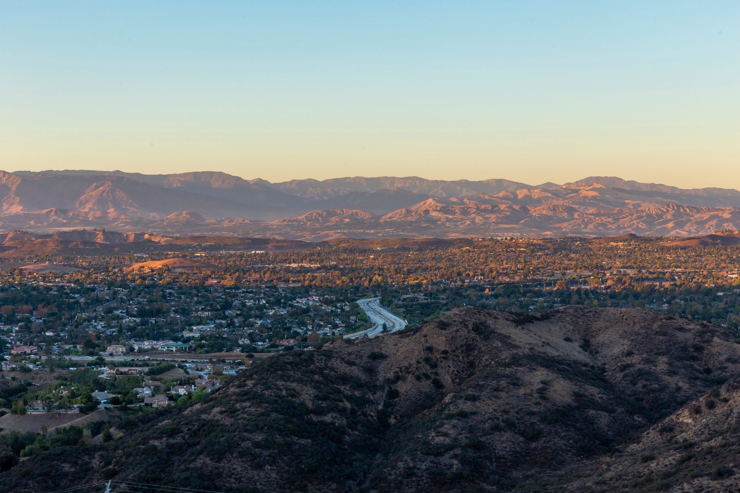 Sunset over the Conejo Valley, California and the 101 freeway.